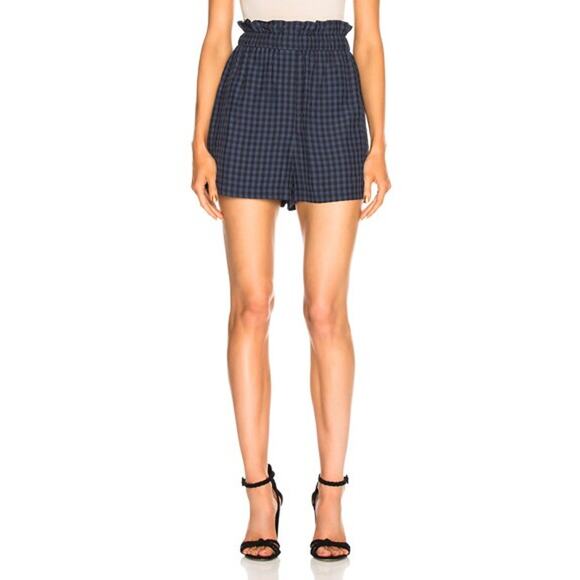 TIBI Shorts Womens XSmall Blue Gingham High Rise Ruffle Paperbag Elastic Waist - Picture 1 of 16